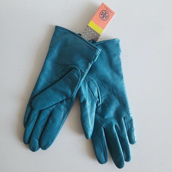 Tory Burch Women's Teal Green Leather Bow Pleated Gloves Size 6.5 - Picture 2 of 10